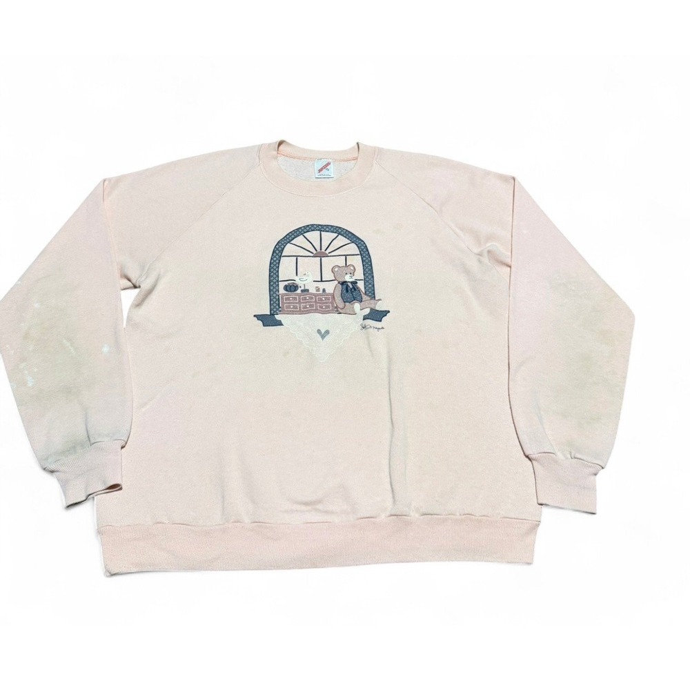 Vintage 1990 Jerzees USA Teddy Bear Cottagecore Sweatshirt XL 46 Pink